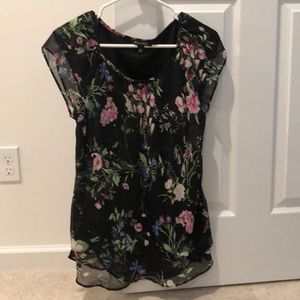 Black dress shirt with pink & blue floral design.